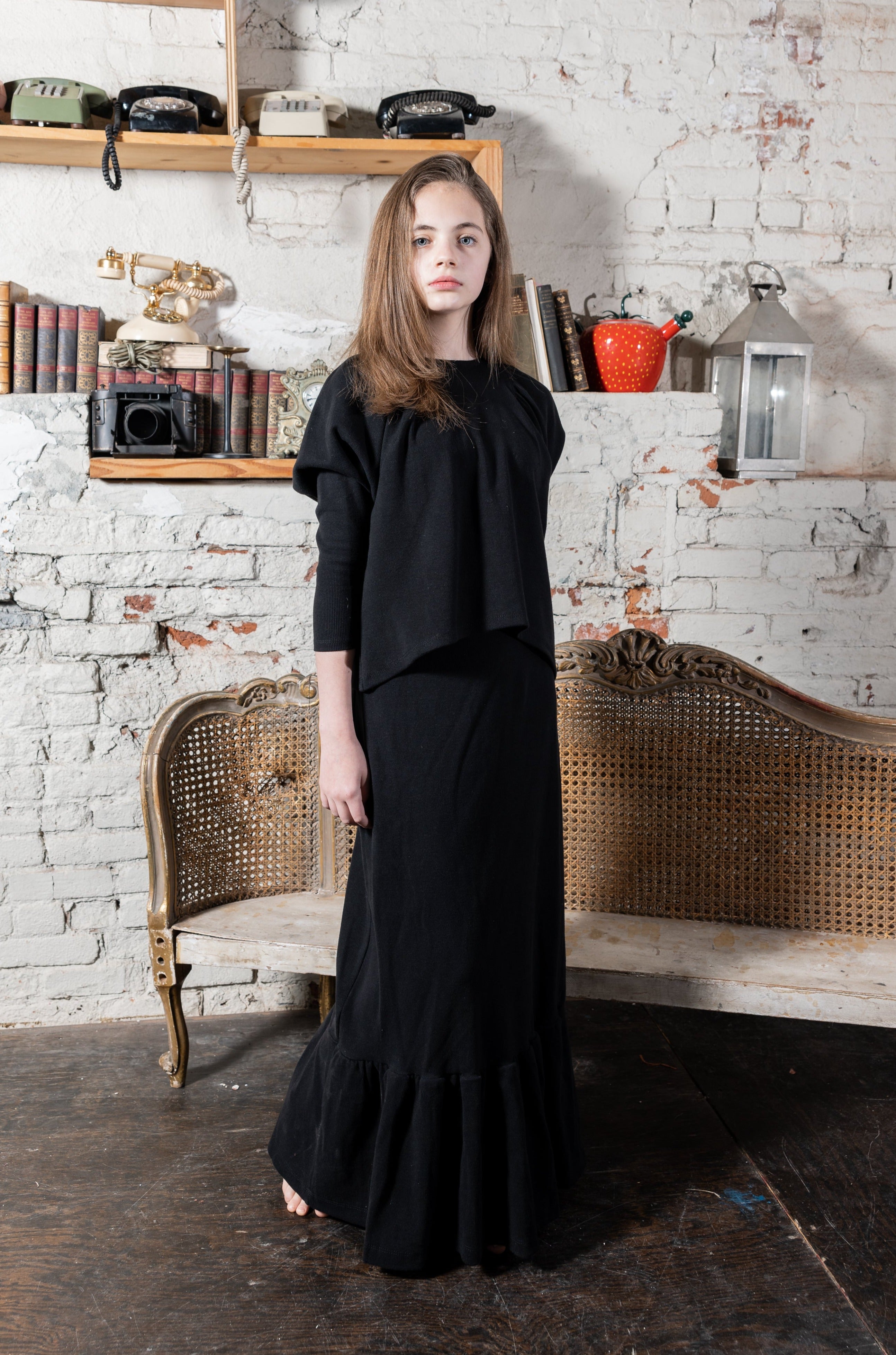 Puff-Sleeve Top + Maxi Skirt in Black