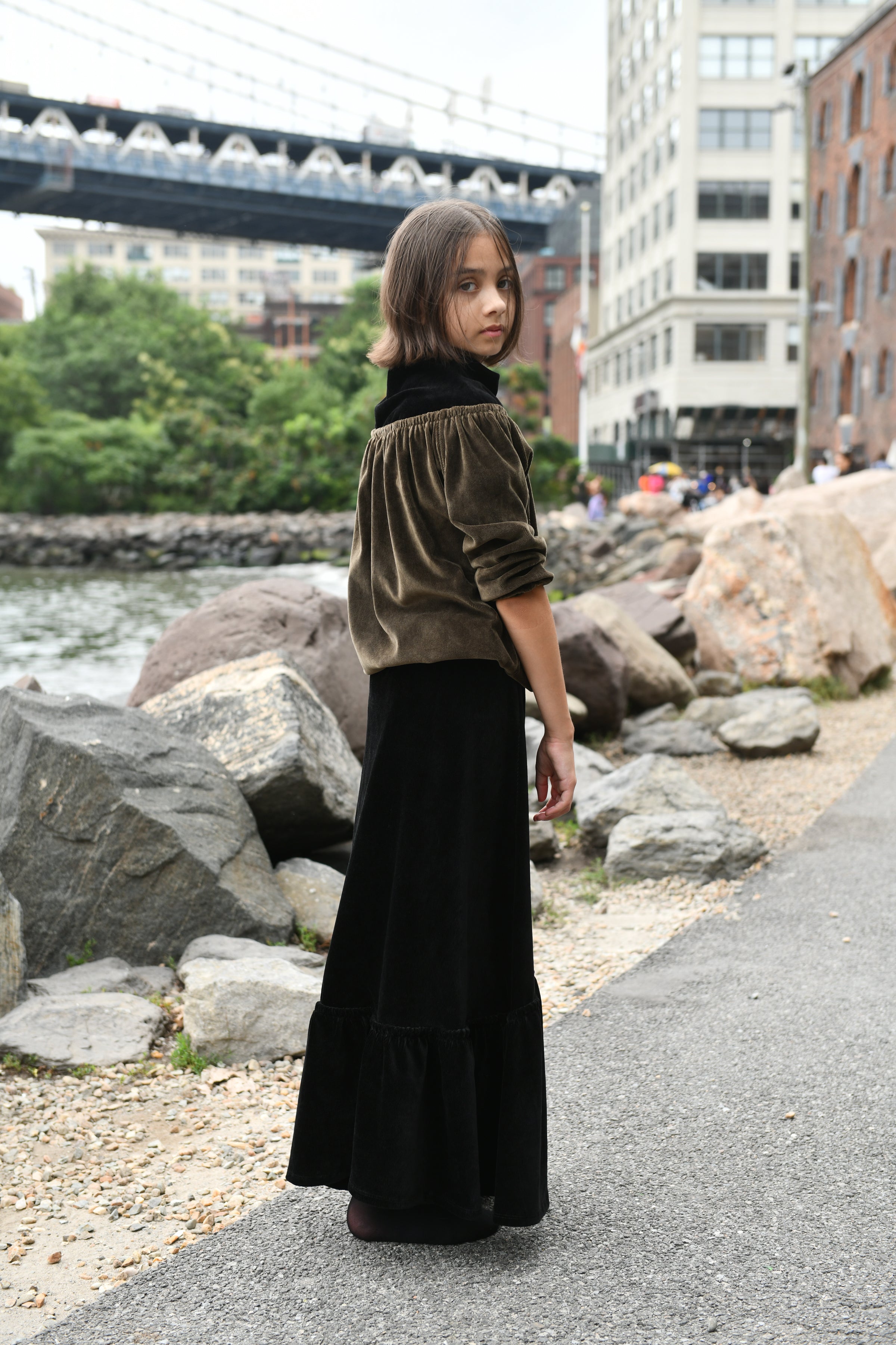 Top + Maxi Skirt in Black/Olive Green